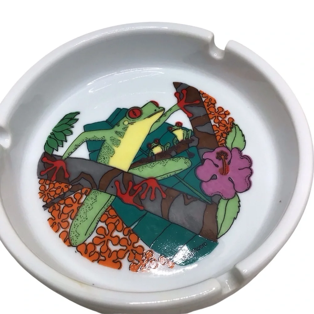Vintage Costa Rica Souvenir Tree Frog Tropical Ashtrays Set of 2 Ceramic 5”